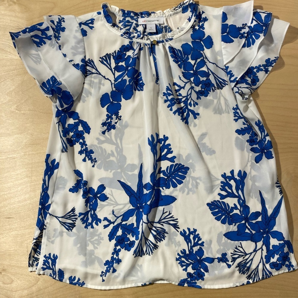 Liz Claiborne Blue Floral Blouse Small (QL)